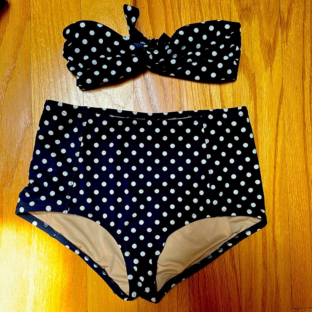 J Crew Navy Blue White Polka Dot Bikini Set Top & Bottom